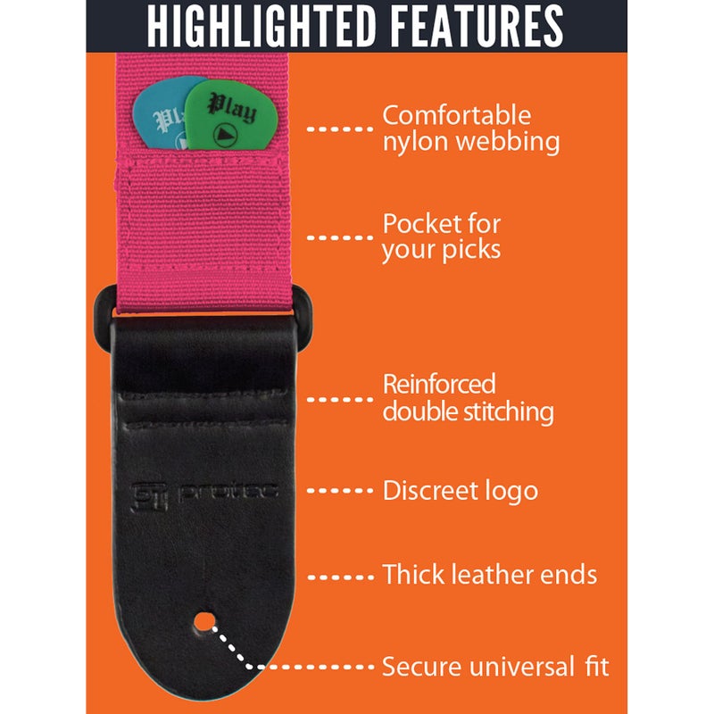 Protec Guitar Strap With Pick Pocket & Leather Ends Abdominal Support (POLYSTSB) Strawberry Regular - Image 4